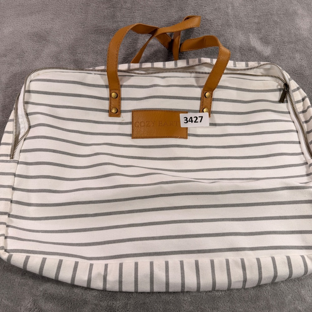 Cozy Earth Tote Bag Unisex Large White Grey Striped Canvas Faux Leather Trim